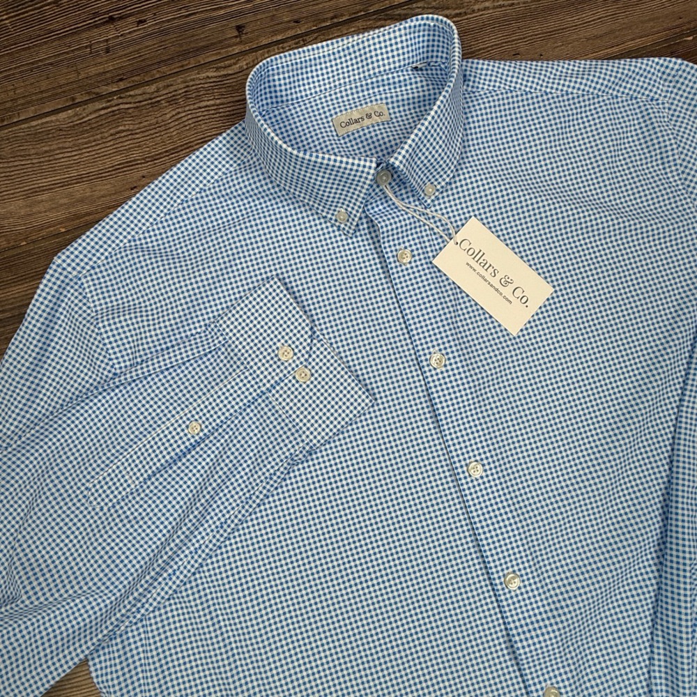 Collars & Co Mens 2XL Apex Performance Oxford Shirt Blue Gingham Stretch NWT